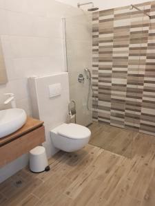 een badkamer met een toilet en een glazen douche bij Villa Iva in Medulin