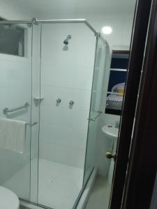 a bathroom with a shower and a sink at Hotel Suite Santa Rosa in Santa Rosa de Cabal