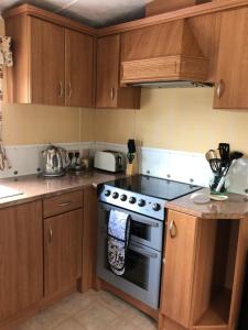 a kitchen with wooden cabinets and a stove top oven at 40 Glenfinart Caravan Park in Dunoon