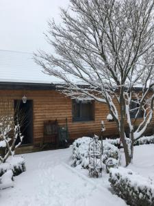 un patio cubierto de nieve con una casa en B&B Les Hauts d'Ornans, en Ornans