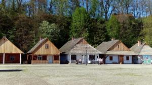 a row of houses with people standing in front of them at Apartament Bieszczady in Myczkowce
