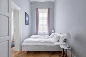 una camera bianca con un letto e una finestra di Spacious Victorian Residence by Grand Boulevard a Budapest