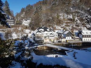 une ville dans la neige avec un pont et des bâtiments dans l'établissement Villa Rur, à Monschau