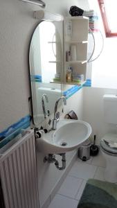 a bathroom with a sink and a mirror at Zwei ruhige, private Gästezimmer nahe U-Bahn in Nürnberg