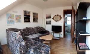Zwei ruhige, private Gästezimmer nahe U-Bahn في نورنبرغ: غرفة معيشة مع أريكة وتلفزيون