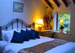 a bedroom with a bed with blue pillows and a window at Mountainstudios Beudy Bach & Beudy Mawr in Bangor