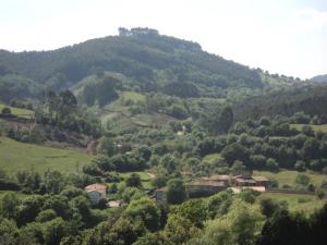 a view of a green hillside with houses and trees at APARTAMENTOS RURALES PERNÚS in Colunga