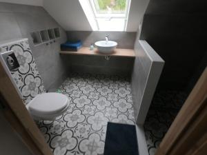 La petite salle de bains est pourvue de toilettes et d'un lavabo. dans l'établissement Apartament Sady przy Ślęży, à Marcinowice