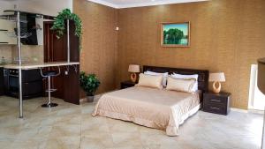 a bedroom with a bed and a desk in it at мини-отель Травертин in Chornomorsk