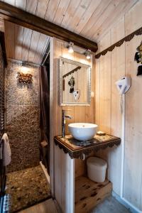 a bathroom with a sink and a mirror and a shower at VILLA ZENITH Hostel - LA MAISON in Lacanau