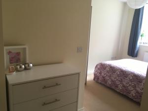 a bedroom with a dresser and a bed at Superb Peaceful 1 bed apartment in St George. in Bristol