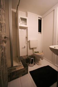 a bathroom with a toilet and a shower and a sink at Flying Bed Ioannina in the center of the city in Ioannina