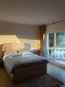 a bedroom with a bed and a large window at Villa de La Rosa in Málaga