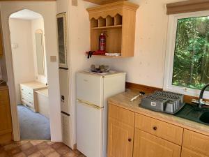 een keuken met een witte koelkast en een raam bij Private Countryside Holiday Cabin 10 mins from Brighton in Brighton & Hove