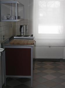 a kitchen with a counter top and a window at Gästezimmer Am Spielbergtor in Erfurt