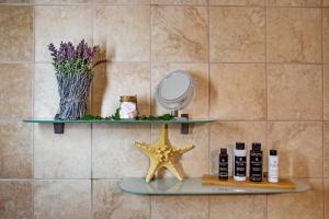 a bathroom with a shelf with a mirror and a starfish at Konstantina & Evgenia Deluxe Apartment in Nea Peramos