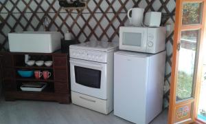 a kitchen with a stove and a microwave and a refrigerator at Yourte Grain de Folie in Waben