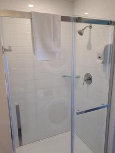 a bathroom with a shower with a glass door at Les Appartements de La Bergeronnette in Grandes-Bergeronnes