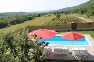a swimming pool with two umbrellas and white chairs at Holiday home Miramary in Trilj