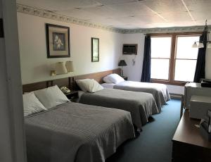 Cette chambre comprend 3 lits et une fenêtre. dans l'établissement Lake Ontario Motel & Inn, à Newfane