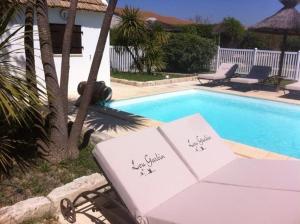 una piscina con 2 sombrillas abiertas junto a una mesa y una piscina en Lou Garbin, en Saint-Laurent-dʼAigouze