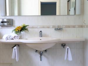 a bathroom with a sink and a mirror and towels at Hotel Rheinland in Bad Orb +35 photos