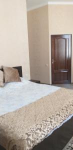 1 dormitorio con 1 cama grande y puerta de madera en Hotel SUGD & Guest House en Panjakent