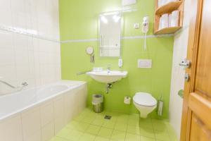 a green bathroom with a sink and a toilet at Apartmajsko naselje Ribniško Pohorje in Ribnica na Pohorju +54 photos