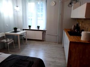 uma cozinha com um lavatório e uma mesa num quarto em Apartament Be Happy Nr 1 em Gdynia
