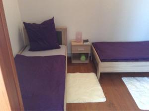 a small room with two beds with purple sheets at gemuetliche unterkunft bei prag in Smečno
