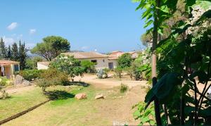 een tuin met een huis op de achtergrond bij Bungalows Filippi in Porto-Vecchio