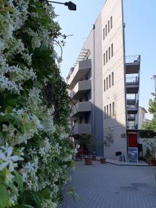 un jardín de flores blancas frente a un edificio en Residence Le Corniole, en Arezzo