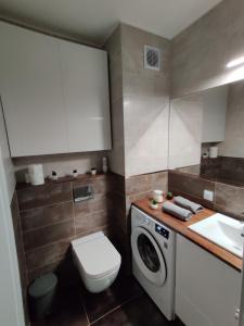 a bathroom with a washing machine and a sink at Mazurski Apartament in Mrągowo