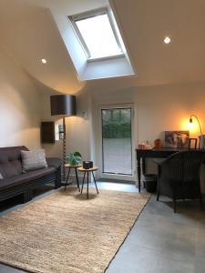 ein Wohnzimmer mit einem Dachfenster, einer Couch und einem Klavier in der Unterkunft B&B Otterstee in Havelte