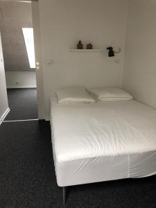 吉弗Hedegaard Holiday Apartments的一间白墙房间里有两张床