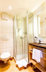 y baño con ducha, aseo y lavamanos. en Gasthof Pension Post en Denkendorf