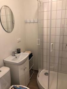 a bathroom with a toilet and a sink and a shower at Malūnų vilos in Palanga