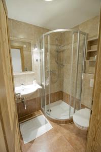 a bathroom with a shower and a sink and a toilet at Pension Tannenhof in Leogang