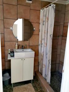a bathroom with a sink and a shower curtain at DalmApartman in Budapest