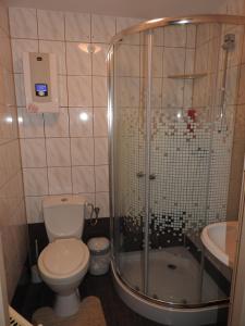 a bathroom with a shower and a toilet and a sink at Pokoje Impresja in Węgorzewo