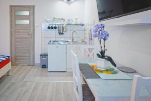 a white kitchen with a table and a sink at Apartment Franka in Oświęcim