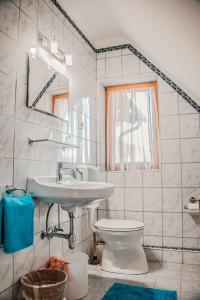 a bathroom with a sink and a toilet and a mirror at Ferienhaus Arneitz in Faak am See