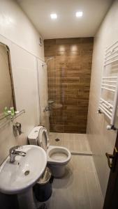 y baño con aseo, lavabo y ducha. en Hotel King Tom en Tiflis