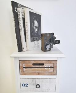 a shelf with books and a camera on top of it at Apartment Movie in Primošten