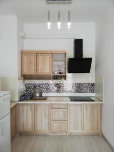 a kitchen with wooden cabinets and a stove at Apartament_20 in Dziwnówek