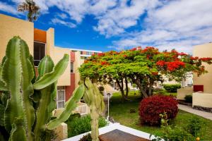 un jardin avec des fleurs rouges et des plantes devant un bâtiment dans l'établissement Apartamentos El Cortijo, à Playa de las Americas