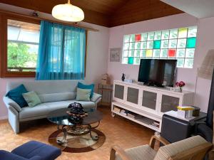 ein Wohnzimmer mit Sofa und Fernseher in der Unterkunft Casi - Partial lake view in Brienz