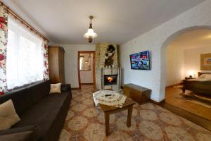 a living room with a couch and a fireplace at Polna 15c Chatka Czukotka in Krynica Zdrój