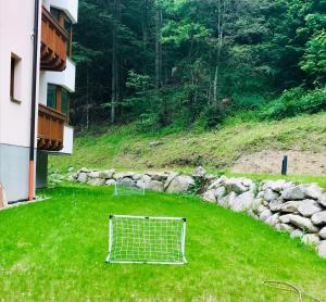 a soccer goal sitting in the grass next to a building at Apartmán 16 Romantika Chopok Juh Tále in Tale