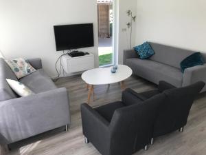 sala de estar con 2 sofás y TV en Villa Oscar with sauna in Winterswijk, en Winterswijk